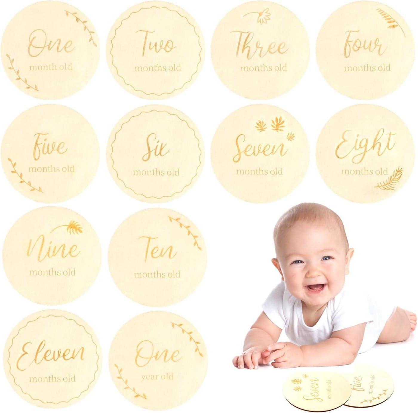American Elm 12 Pcs Baby Milestone Cards, Baby Gift Sets Round Wooden Baby Monthly Milestone Cards or Newborn Infants 1-12 Months Baby Shower Growth