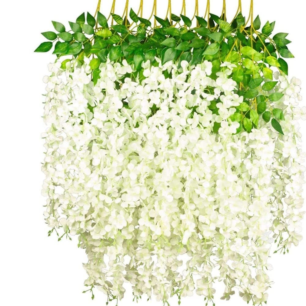 OUKEYI 12 Pcs Artificial Wisteria Flowers Garland 36 FT Silk Fake Flowers Hanging Vine for Indoor Outdoor Home Garden Christmas Wedding Party Decoration White