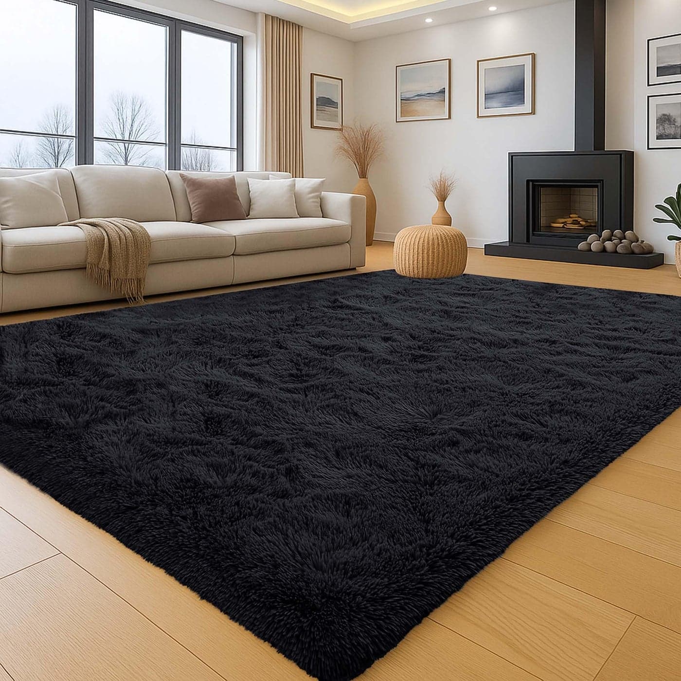 Aspire Homeware Rugs Living Room Large 160x230 Cm Black Area Rugs for Bedroom Super Soft Anti Slip Fluffy Shaggy Rug Thick Pile Non Shedding