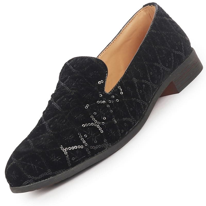 FAUSTO FST FOSME-2166 BLACK-43 Men Black Ethnic Velvet Sequin Embroidered Round Toe Juttis and Mojaris for Wedding|Festive Slip-On for Kurtas|Traditional Sherwani Shoes|Prom Slip On Shoes (9 UK)