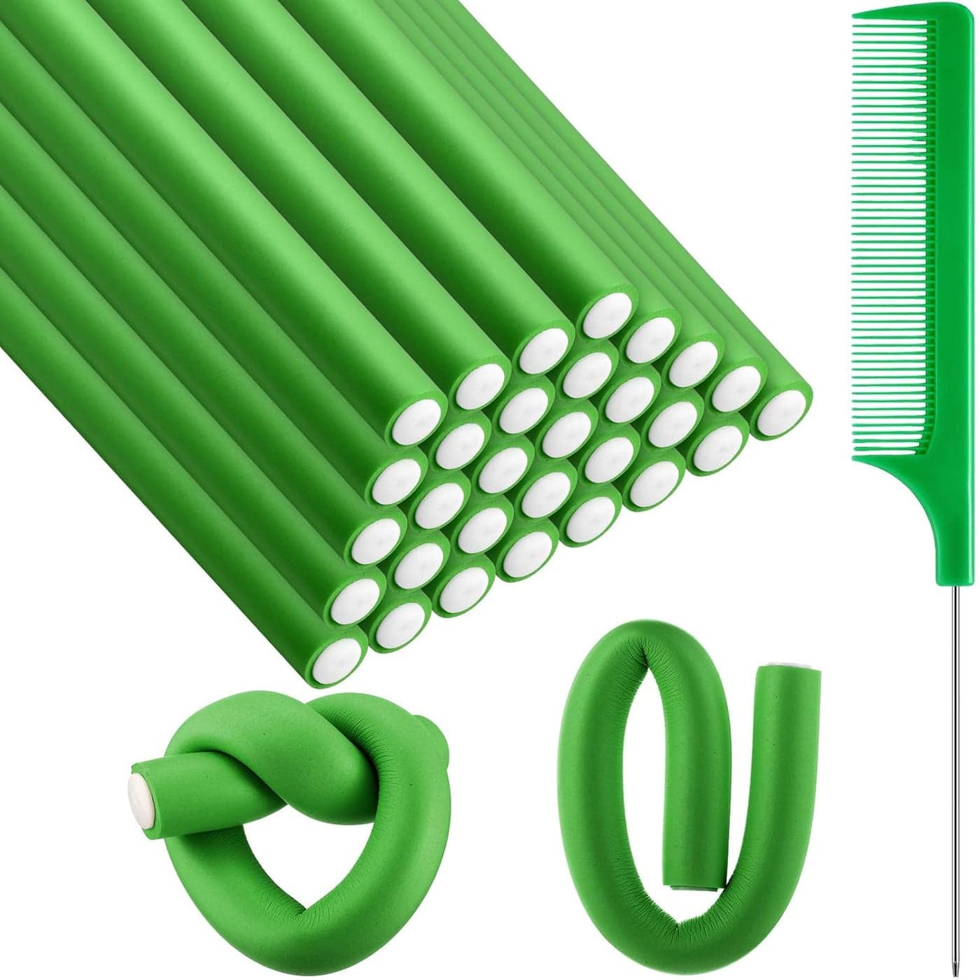 Syhood 30 Pcs Flexible Curling Rods 945 Twist Foam Rollers Soft Foam No Heat Hair Rods Rollers and 1 Steel Pintail Comb Rat Tail Comb for Women Long Short HairGreen945 x 079 Inch