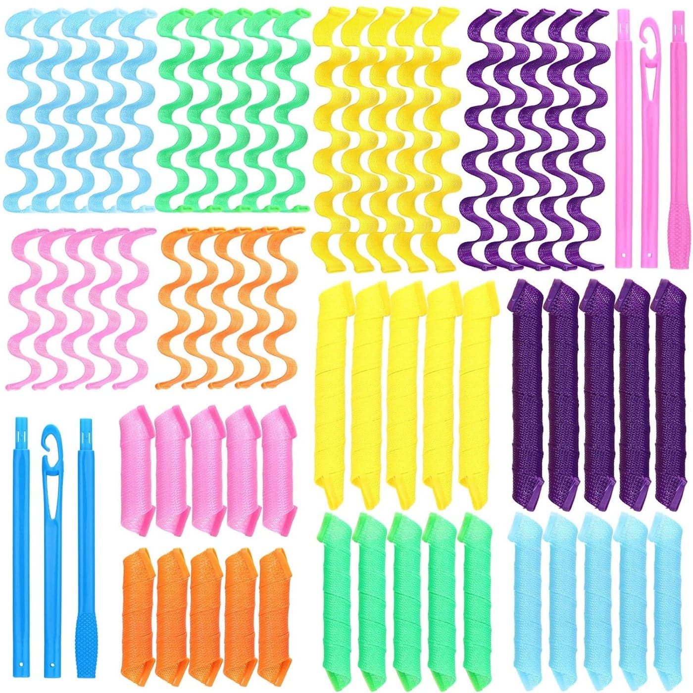 60 Pcs Heatless Wave Curlers No Heat Hair Curlers Rollers Spiral Curls Styling Kit 2 Styles Curlers 22 18 12 No Heat Wave Curlers DIY Wave Rollers for Women Short Long Hair with 2 Styling Hooks