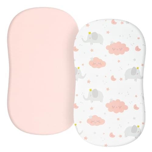 TILLYOU Baby Bassinet Sheets for Girls Boys, Fit for Hourglass Oval Rectangle Bassinet Mattress Sheets, 33”X16”, 2 Pack Elephant & Cloud Pink