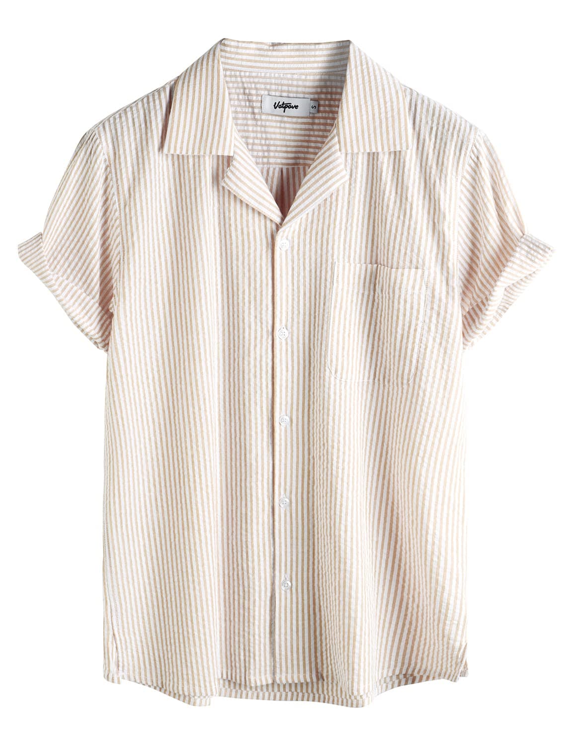 VATPAVE Mens Striped Summer Shirt Casual Button Down Short Sleeve Beach Shirts Cotton Linen Shirts for Men X-Large Khaki