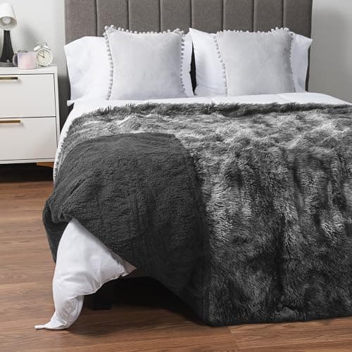 Pavilia Gray Fluffy Bed Blanket Queen Size Fuzzy Plush Warm Large Blanket for Couch Sofa Super Soft Thick Faux Fur Sherpa TieDye 90x90