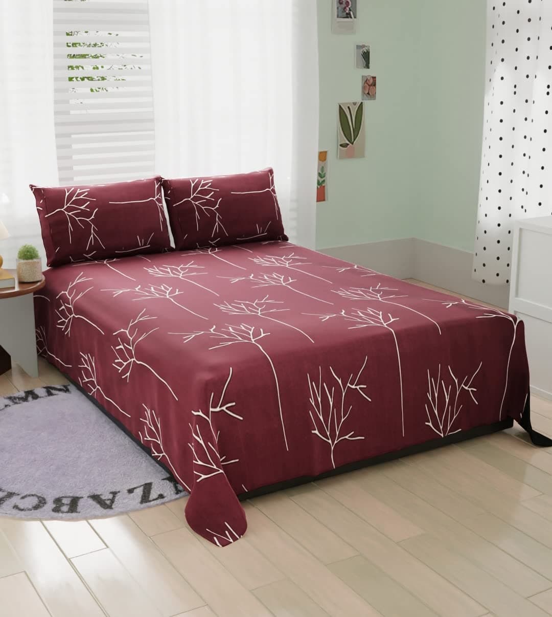 BELVOSTUM 280 TC Glace Printed Cotton Bedsheet for Double Bed Perfect for King Size BedSheet, Cotton Bedspread for King Size Bed- Includes 1 Double Bed Sheet and 2 Pillow Covers - Dark Wine Colour