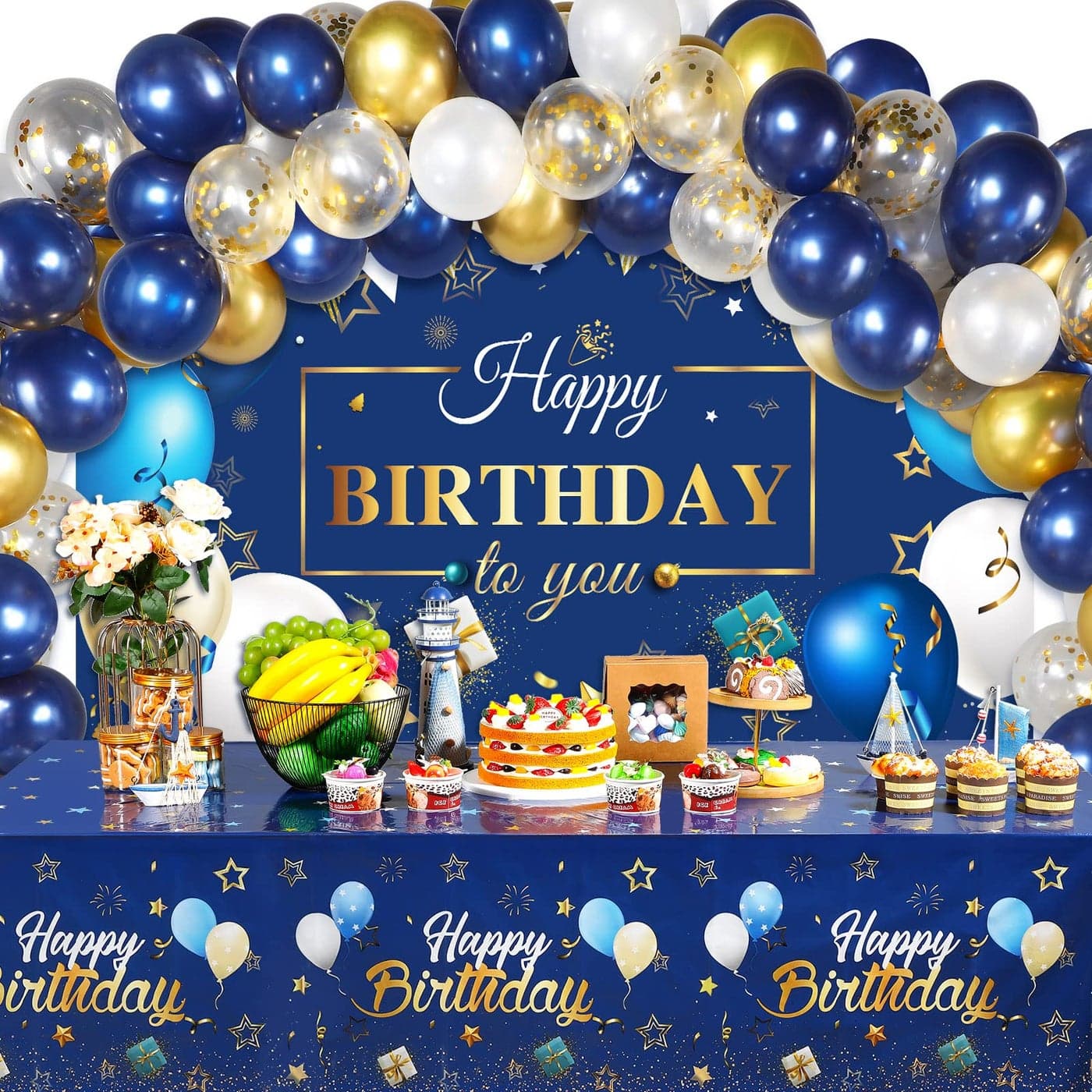 Moukeren Birthday Party Decorations Confetti Balloons Kit Happy Birthday Photography Backdrop Banner Tablecloths for Boys Girls Men Women Birthday Party Supplies Decor
