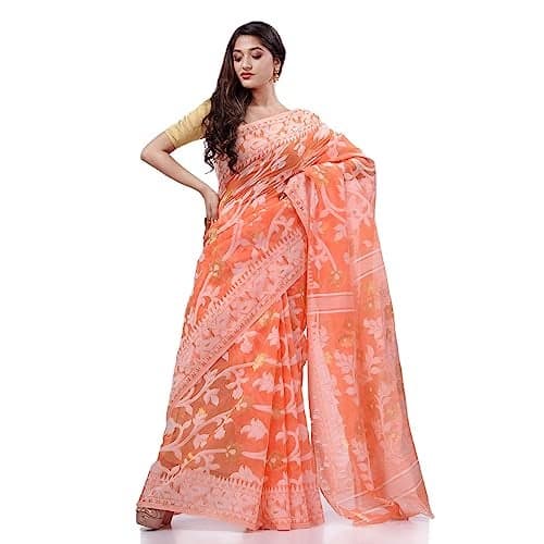 dB DESH BIDESH Women`s Pure Soft Dhakai Jamdani Handloom Cotton silk Saree for Wedding,Ceremony Trendy Saree Party,Wear Latest, Fancy Muslin Georgette Golden Zari Tissue Jamdani Saree for Women