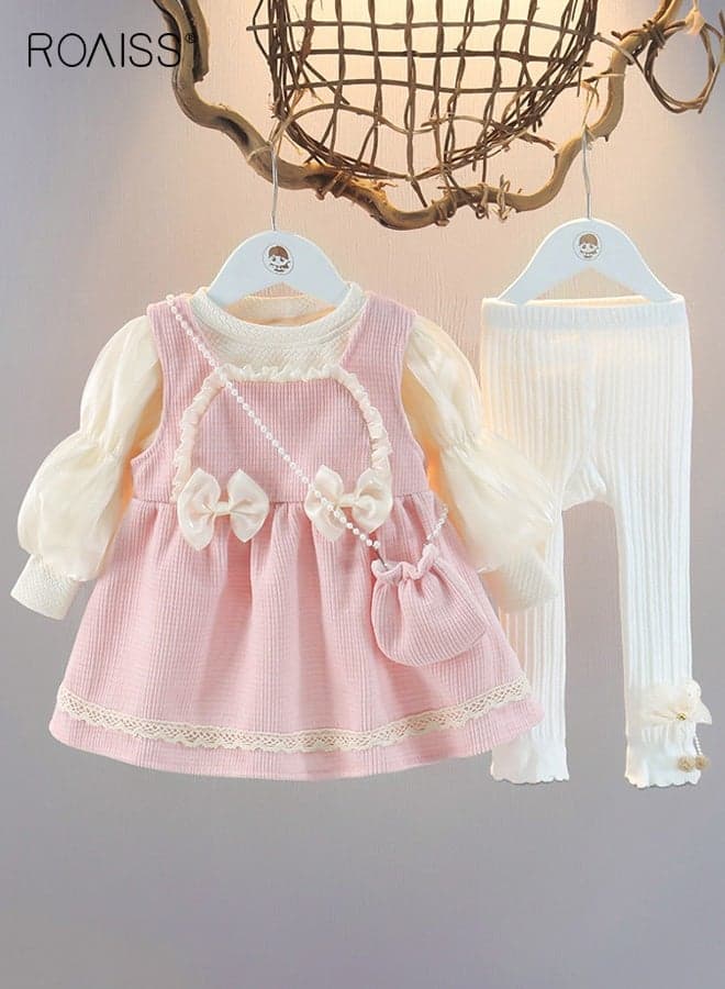 4PCS Girls Fall Spring Outfit, Stylish Puff Sleeve Top, Strappy Dress and Leggings Set with Small Crossbody Bag, Skin-friendly Clothes Set for Toddler Girls, Suitable for Daily Wear, Performances or Any Occasion