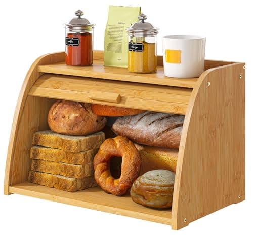 Vriccc Bread Box for Kitchen Countertop Large Bamboo Wood Bread Box Wooden Corner Bread Storage Capacity