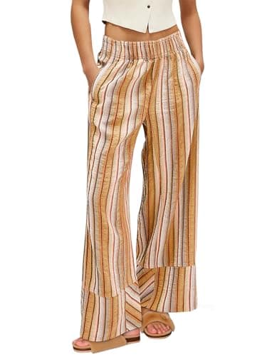 Cicy Bell Womens Wide Leg Lounge Pants Elastic High Waisted Striped Palazzo Pants Flowy Casual Beach Travel Trousers Khaki