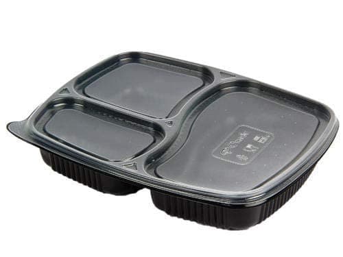 ACHIEVER PACKAGING 3 Compartment Unbreakable Made of 100% BPA Free Food Grade Virgin Plastic Plates Meal Tray with lid for Dinner, Lunch - Pack of 25 (Black)