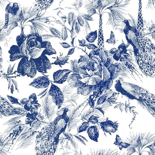 PODUFF Toile Peacock Wallpaper Blue and White Vintage Floral Wallpaper with Birds Palms and Roses French Country Botanical Wall Paper for Bedroom Living Room or Accent Wall 177in x 118in