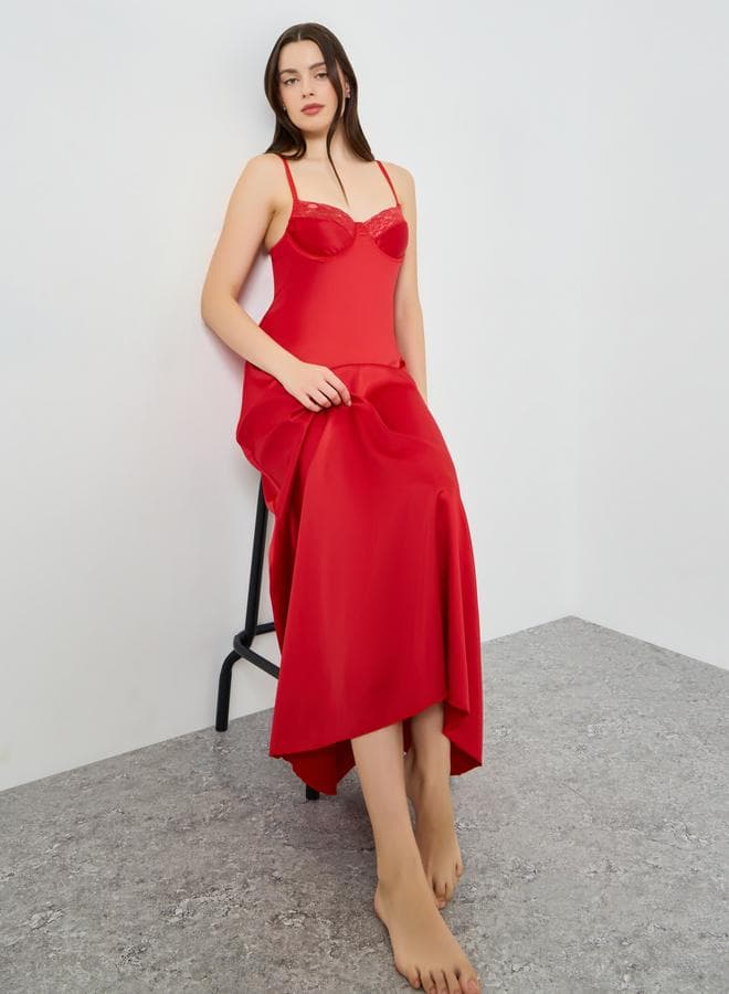 Women Red Satin Slip Dress with Lace Detail