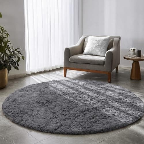 Amdrebio Grey Round Rugs 6Ft for Bedroom Living Room Decor, Fluffy Shaggy Circle Area Rug for Kids Room Classroom Playroom, Large Furry Floor Circular Gray Carpet for Teen Girls Boys Nursery Dorm