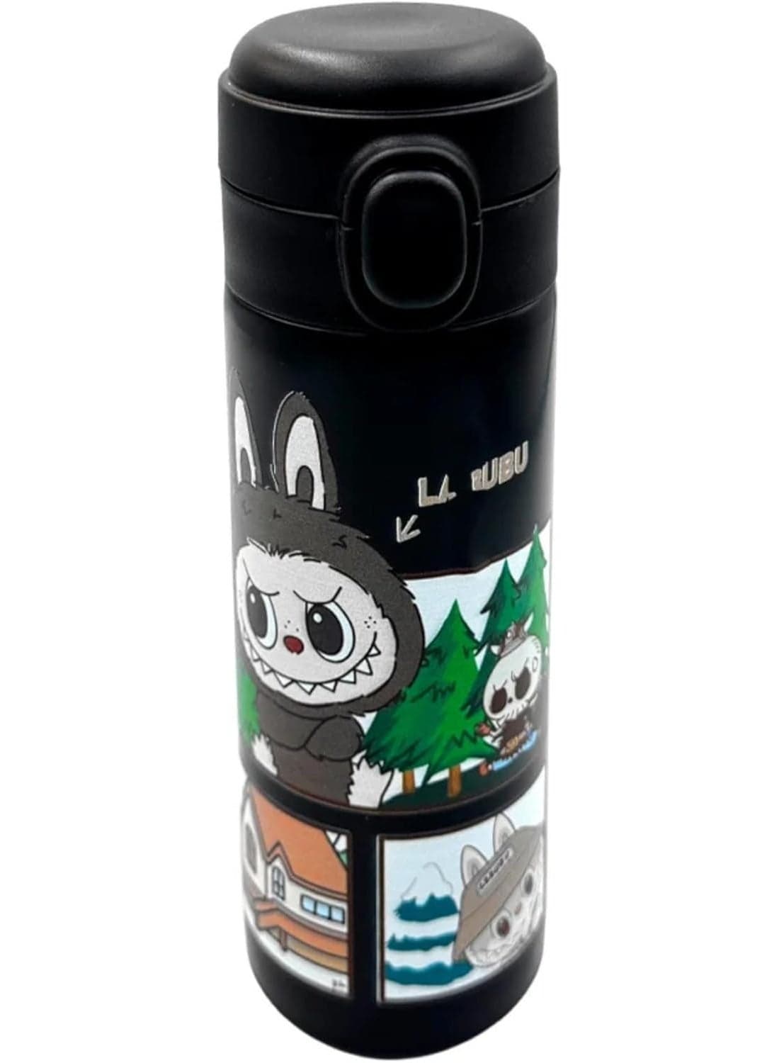 Mini Cartoon 304 Stainless Steel Insulated Cup – Portable Pea Vacuum Bottle with Pop-Up Buckle Lid, Travel Souvenir Thermal Flask for Hot & Cold Drinks (Black)