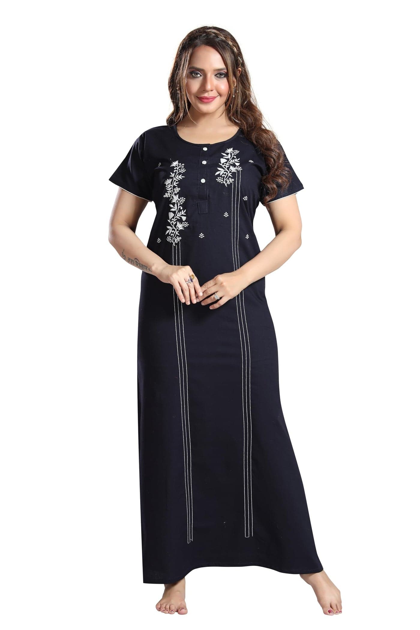 TRUNDZ Women's Embroidered Pure Cotton Nighty (334) Dark Blue