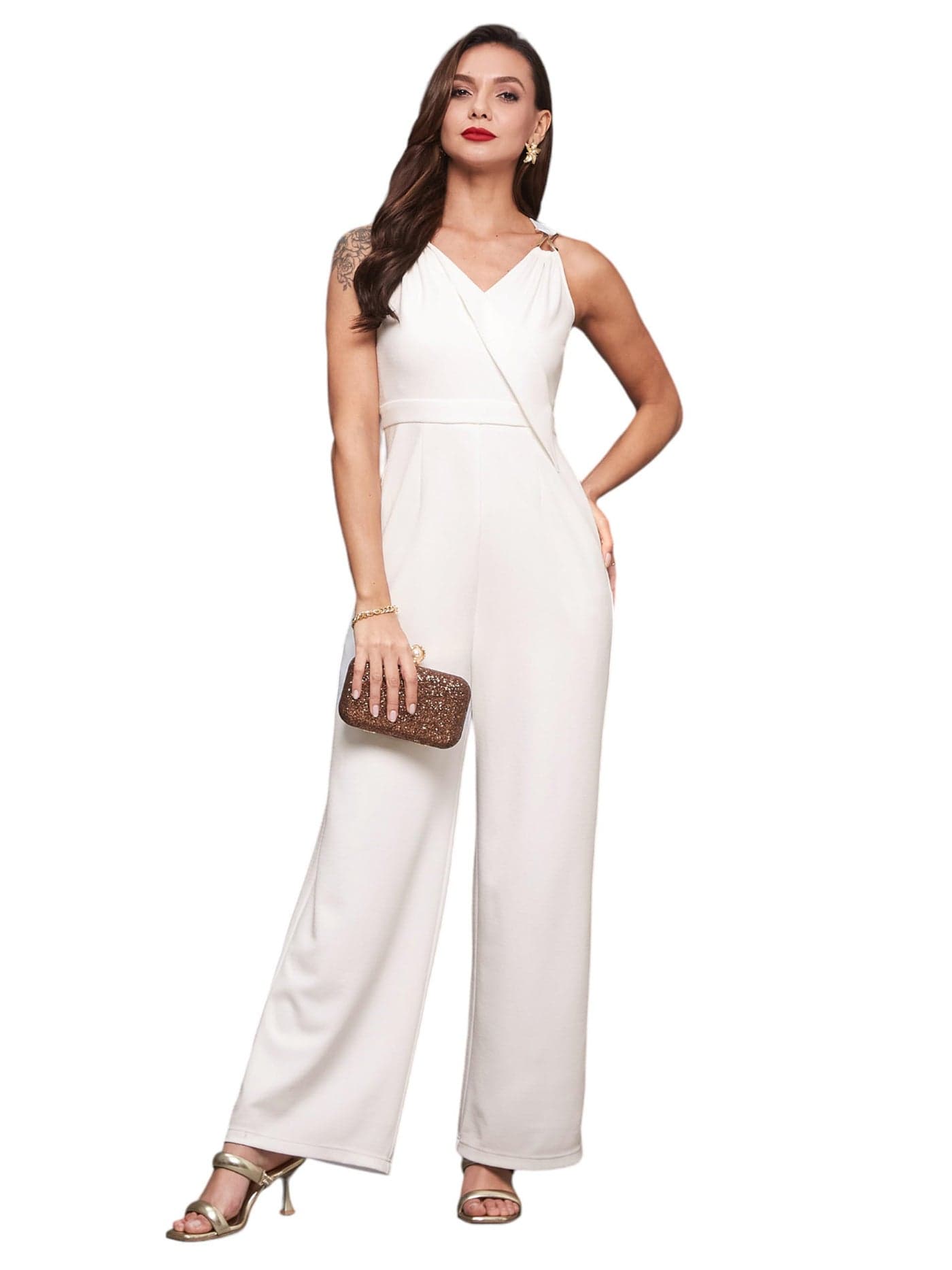 Miss Chase Women's V-Neck Sleeveless Solid Wrap Jumpsuit with Pockets (MCSS24D19-34-114-02, Off-White, XS)