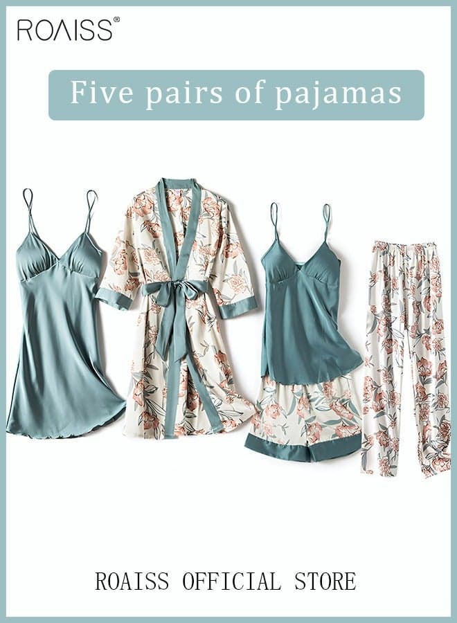5-Pack Women's Pajama Set Sling with Chest Pad Nightdress Sweet Sleepwear Home Wearing Clothes Suits Ladies Floral Printing Nightwear Lingerie Robe Underwear Shorts Summer Spring Blue