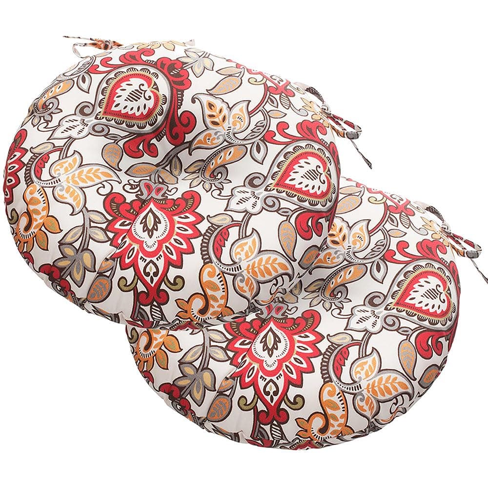 Magpie Fabrics Outdoor Round Bistro Seat Cushions with Ties 15x15x4 Set of 2 Tufted Waterproof Barstool Chair Pads for Patio Home Garden Office Floral Red Orange