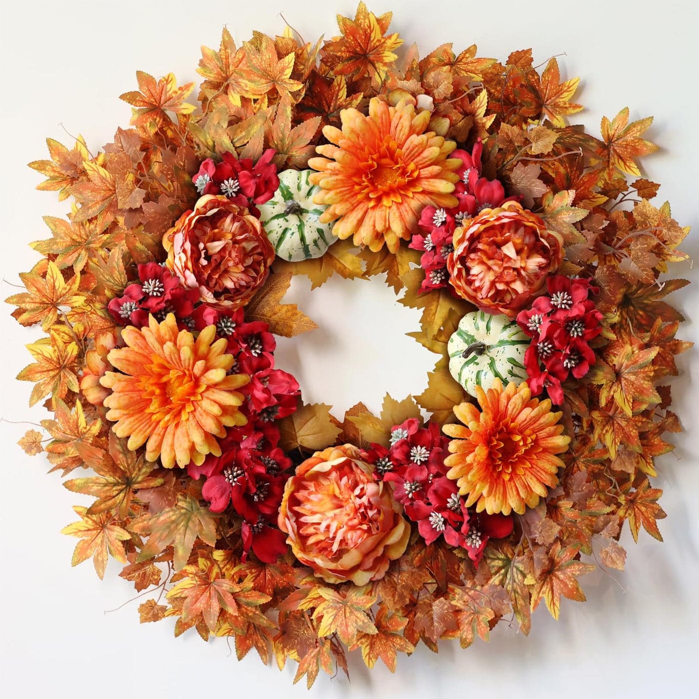 26 Fall Wreath for Front Door Large Artificial Maple Leaves Fake Silk Peony Faux Pumpkin Outdoor Wreath for Porch WindowFarmhouseHomeThanksgiving Day Harvest Festival Autumn Decor
