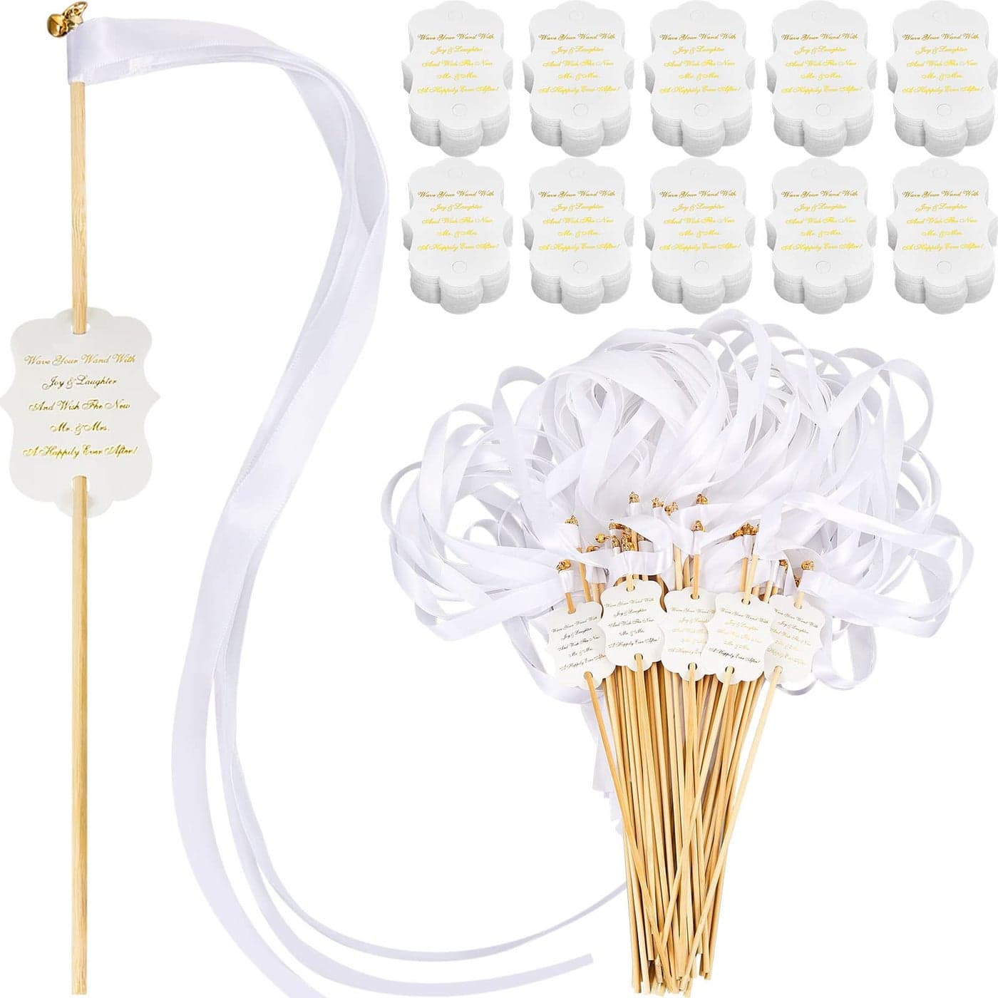 Janinka 100 Sets Ribbon Wedding Wands with Sticks and Bells Bulk Ribbon Dancer Wands Sparklers Wedding Send Off Items Party Favors Streamers Party Celebration DecorationsWhite