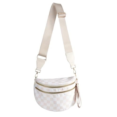 Checkered Nylon Crossbody Bags Bum Bag for Women Large Sling Bag Purse with Adjustable Strap(Beige Checkered)