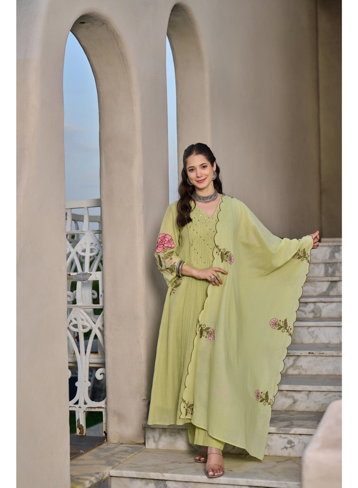 Green Embroidered Mul Cotton Anarkali Kurta Set for Women | Kurta Pant Dupatta Set | Floral Embroidered Ethnic Indian Wear | Festive & Party Wear | 3 Piece Suit