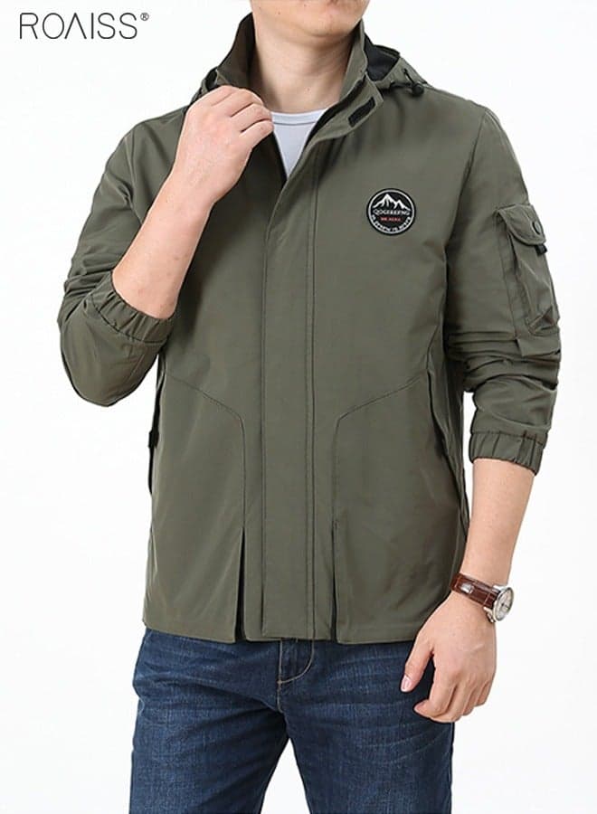 Men's Outdoor Windproof Hooded Jacket Mens Multi Pocket Detachable Hat Casual Coat Zipper Closure Waterproof Sports Jacket Functional Workwear Green for Young and Middle-Aged Men