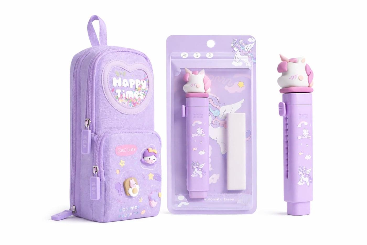 Parshya Purple Stationery Combo Set for Girls | Kawaii Pencil Case Pouch with Zipper & Push Pull Eraser with Refills | Back to School Supplies Gift for Kids