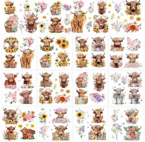 Highland Cow Rub on Transfers for Crafts Wxiben 12 Sheets Floral Butterfly Rub on Transfers for Furniture Brown Cow Sunflower Rub on Transfer Decal Stickers for Wood DIY Craft Office Home Decor