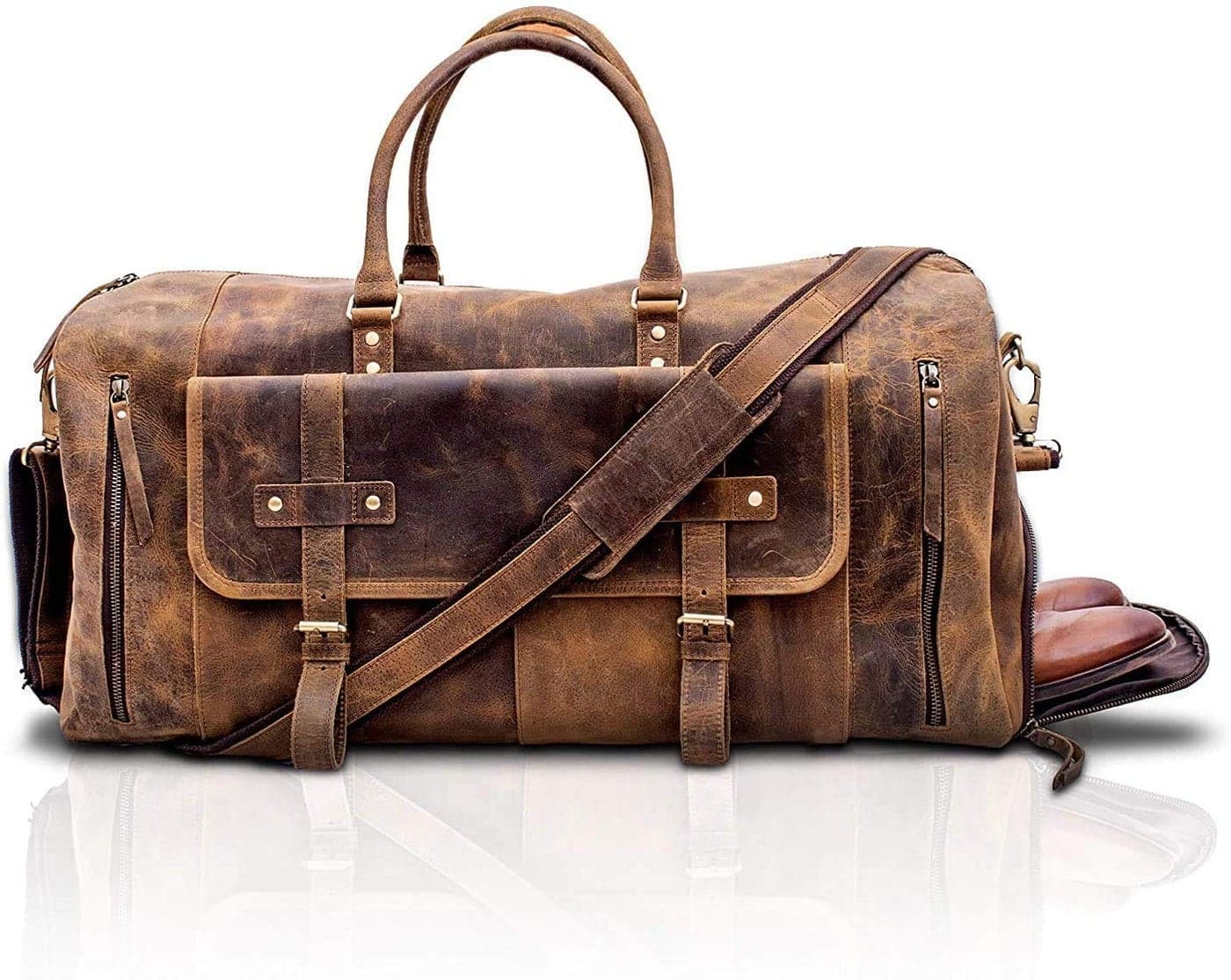 KomalC Leather Travel Duffel Bags for Men and Women - Full Grain Overnight Weekend Bags - Sports Gym Duffle (Distressed Tan With Shoe Pocket)