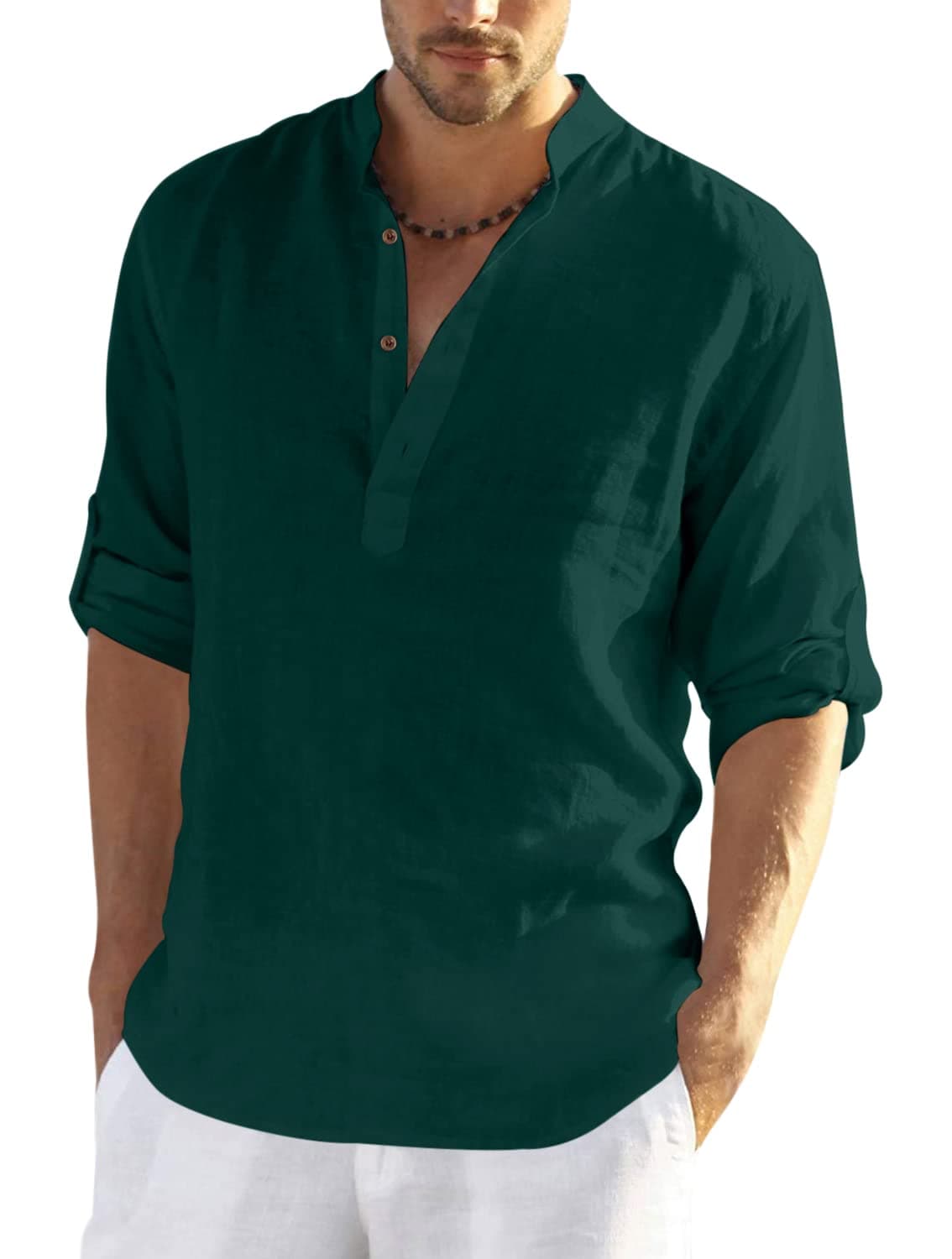 Zombom Men's Cotton Blend Full Sleeve Short Kurta Shirt with Mandarin Collar (X-Large, Green)