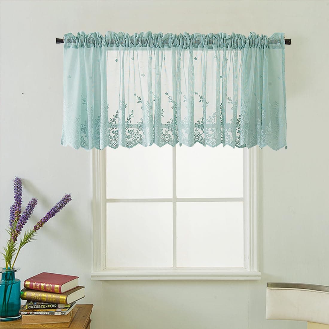 LeLehome Sheer Lace Window Valance 1 Panel 51 X 16 Inch Window Treatment Curtain Linen Flowers Rod Pocket for Kitchen Bathroom Bedroom Home Decoration Teal Blue