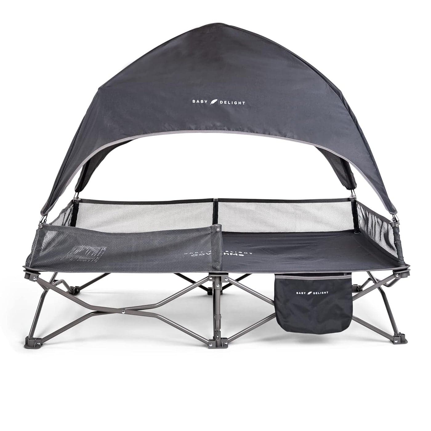 Baby Delight Go with Me Bungalow Deluxe Portable Cot Toddler Travel Bed Indoor and Outdoor Sun Canopy Grey
