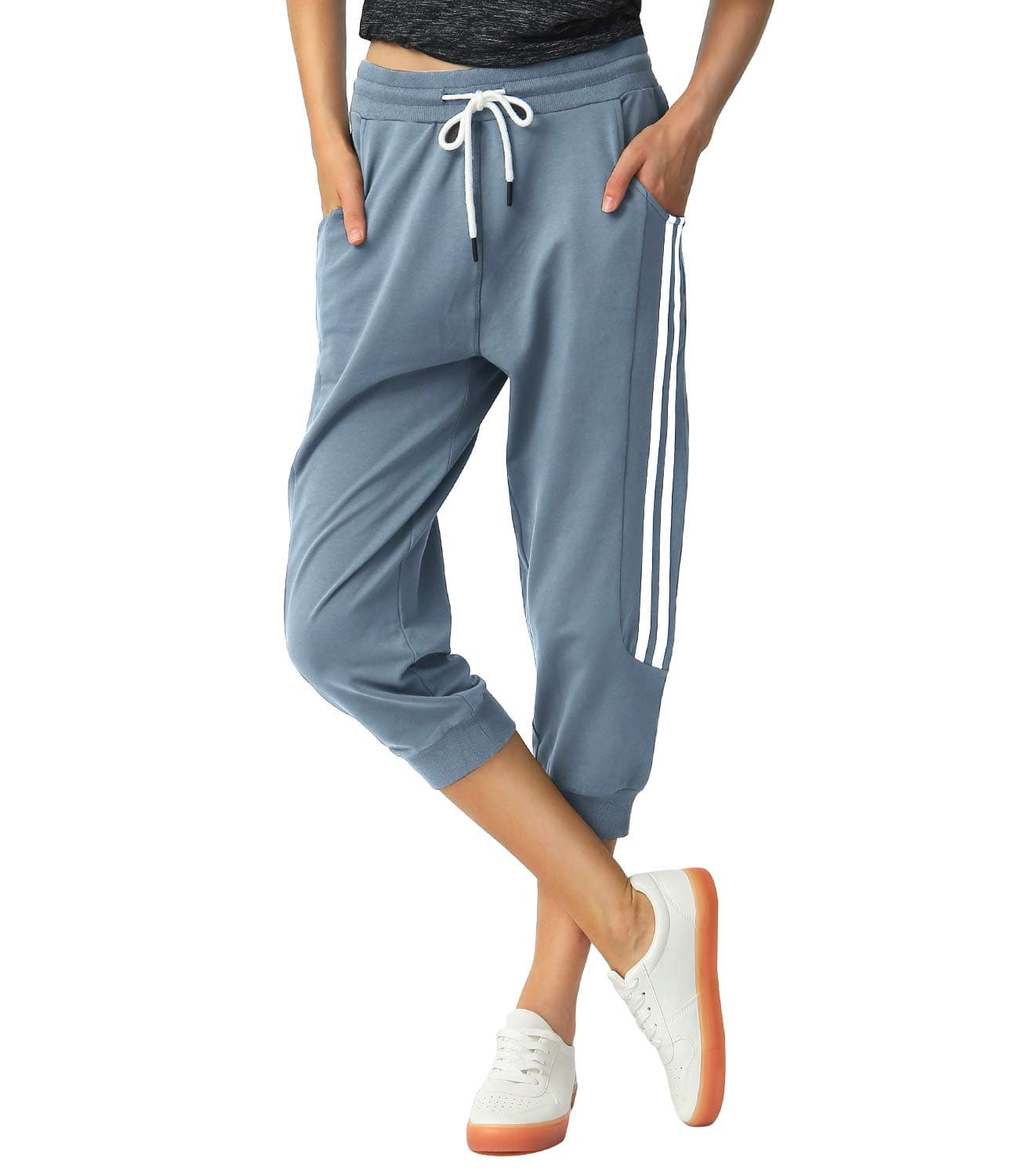 SPECIALMAGIC Women's Capri Pants Cropped Joggers with Pockets Elastic Waist Drawstring Capri Sweatpants Steel Blue Large