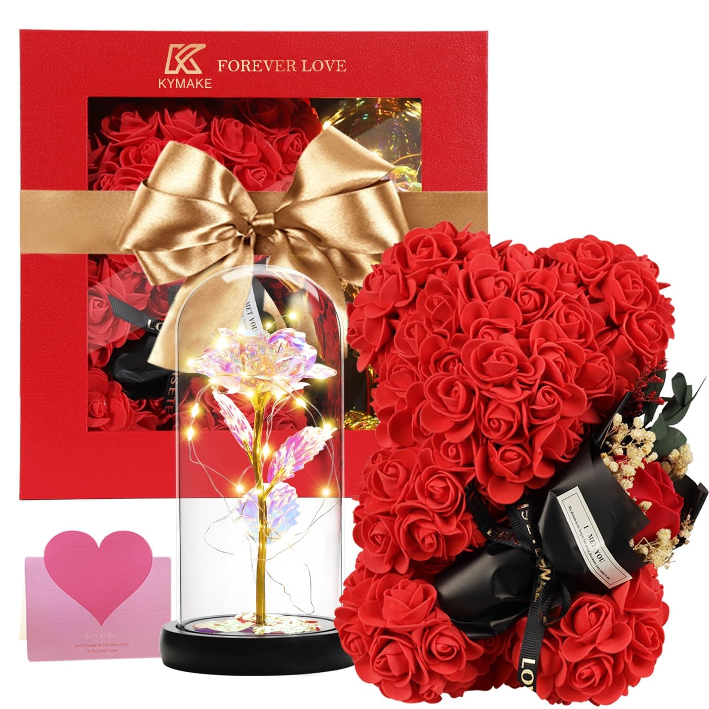 Valentines Day Gift For Her Women Mom Wife Girlfriend Rose Bear Beauty and the BeastInspired Rainbow LightUp Roses Gift Set Perfect for Valentines Birthday Mothers Dayand Anniversary