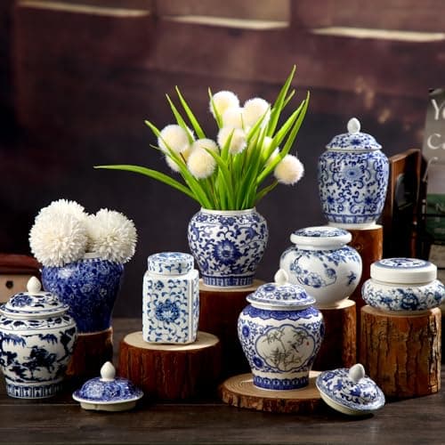 Funnymoom 8 Pcs Small Blue and White Vase Ceramic Small Ginger Jar with Lid Porcelain Vases Chinoiserie Decor Chinese Ginger Jars for Home Bedroom Tabletop Decor Table Accent Shelf