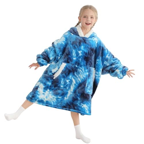 Kipswiza Blanket Hoodie for Kids Oversized Wearable Blanket Super Soft Warm Sherpa Fleece Blankets Sweatshirt for Girls Boys Children Blue Tie Dye