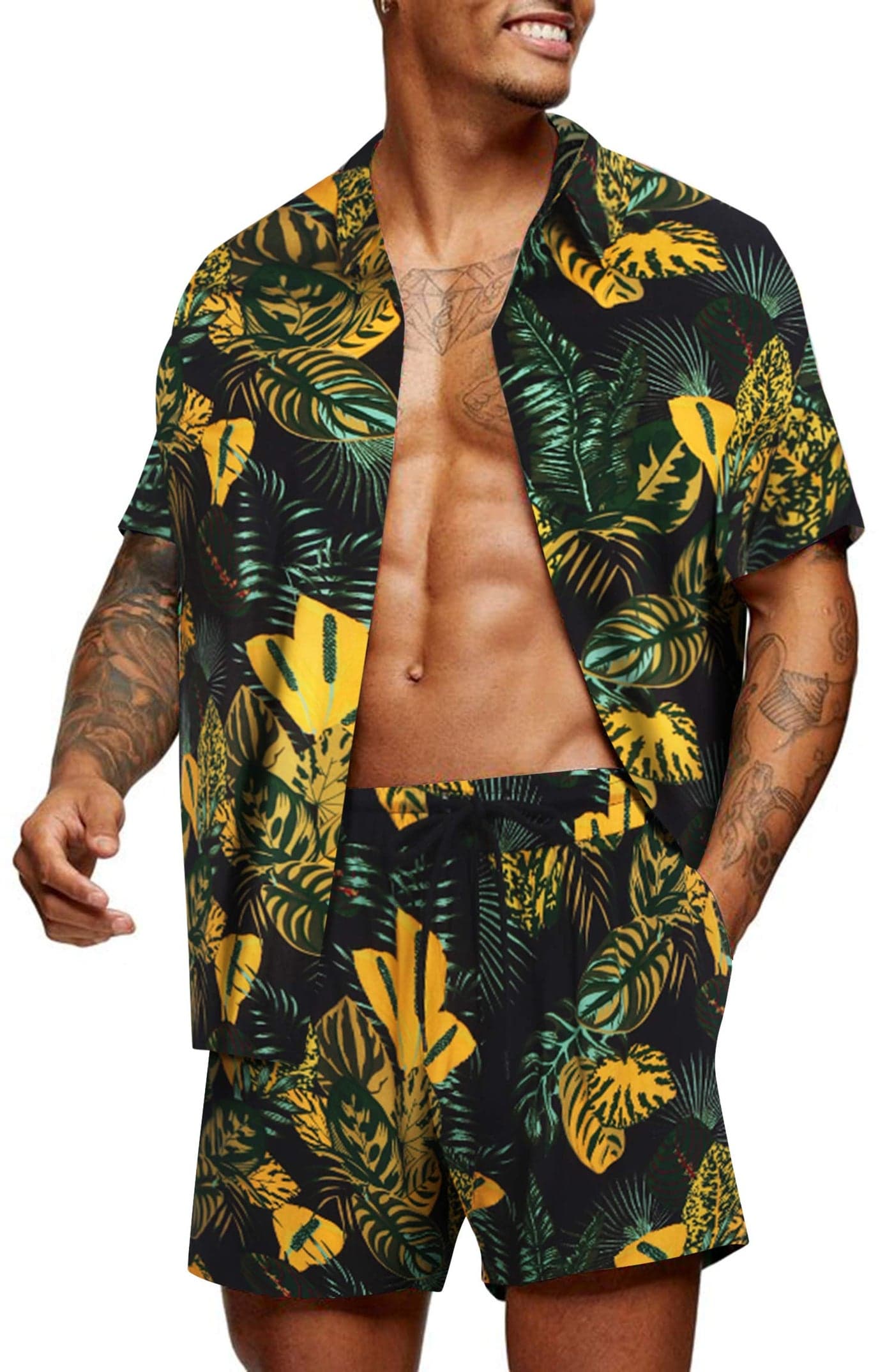 COOFANDY Men's Flower Casual Button Down Short Sleeve Hawaiian Shirt Suits Two Piece Outfits Sets Tropical Vacation Wear