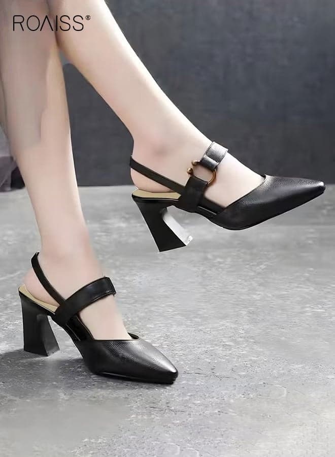Fashion Women Office Lady Sandals Summer Pointy Toe Chunky Heel Design Large Size Available Black for Office Wear and Casual Summer Outings, Combining Style and Comfort Black