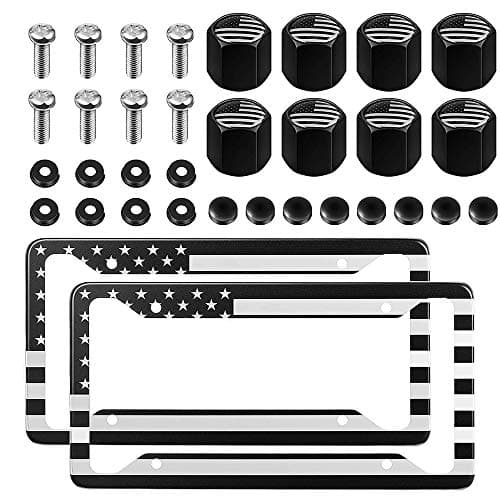 Universal USA Flag License Plate Holder Set, Vankcp Black Aluminum Alloy License Plate Frame, 2Pcs Patriotic License Plate Frame Matching with Screw Cover Set and Tire Valve Cover Set