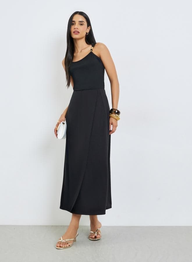 Black Solid Asymmetric Wrap Detail Midi Skirt