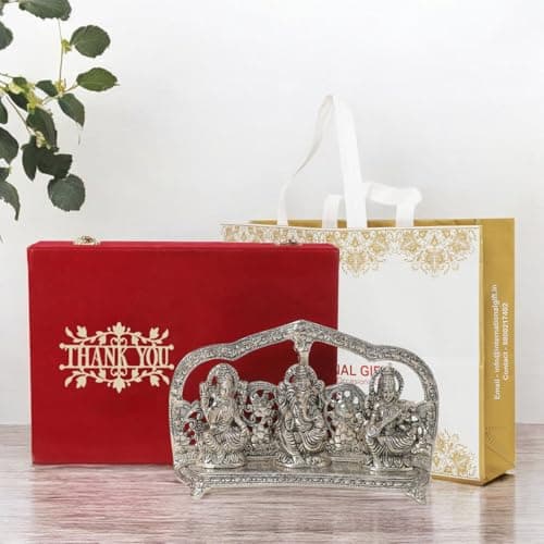 INTERNATIONAL GIFT® Silver Plated Laxmi Ganesh Saraswathi Statue with Beautiful Thank You Gift Box & Carry Bag | Auspicious Statues for Happiness, Harmony, and Spiritual Growth in Home and Office