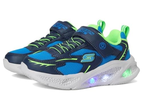 SKECHERS Boy's Meteor-Lights Sneaker, Navy/Lime, 4 Big Kid