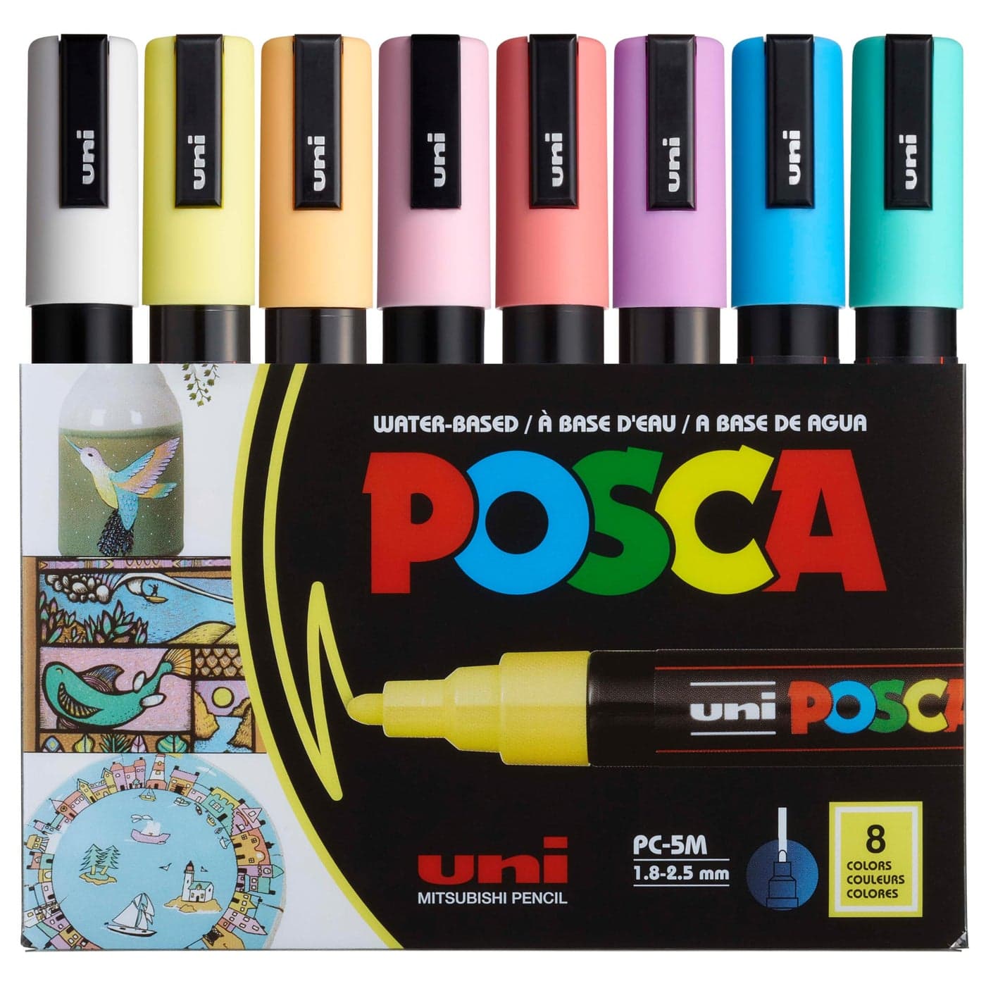 posca Markers Set 8 Medium Paint Markers 5M Soft Tones White Sunshine Yellow Apricot Light Pink Coral Pink Lavender Light Blue Aqua Green