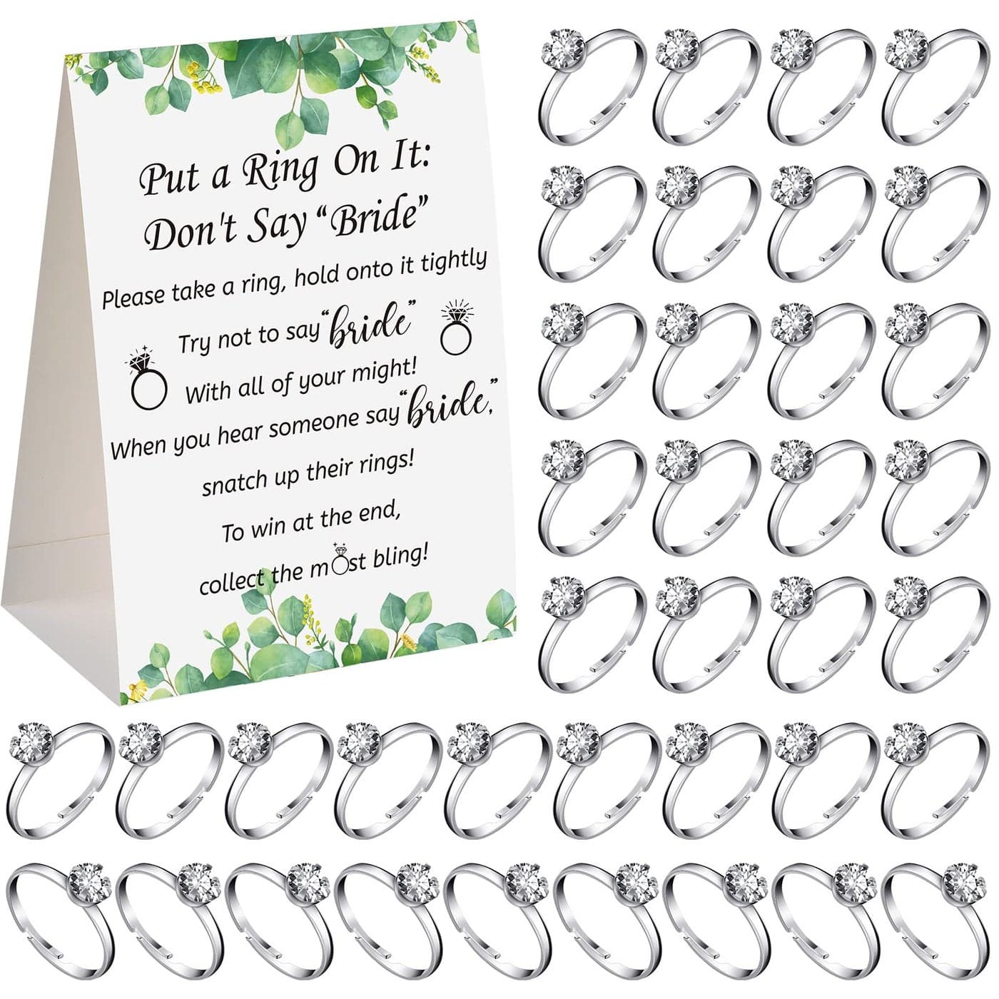 Woanger Put a Ring on It Bridal Shower Game with 50 Fake Rings Rustic Greenery Theme Wedding Shower Games Wedding and Engagement Rings and Not Say Bride Rules CardsLeavesSilver