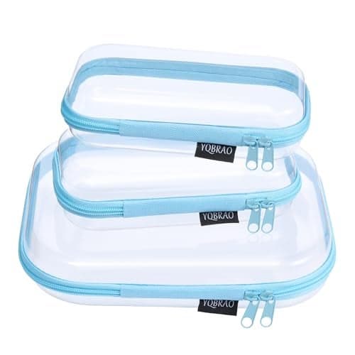 YQBRAO 3-Pack Clear Hard Shell Zipper Case - Blue Edition, 1.2mm Heavy-Duty Crush-Proof Travel Makeup Bag, TSA Approved Clear Zipper Pouches, Rigid Diaper Bag Organizer for Tech & Daily Essentials