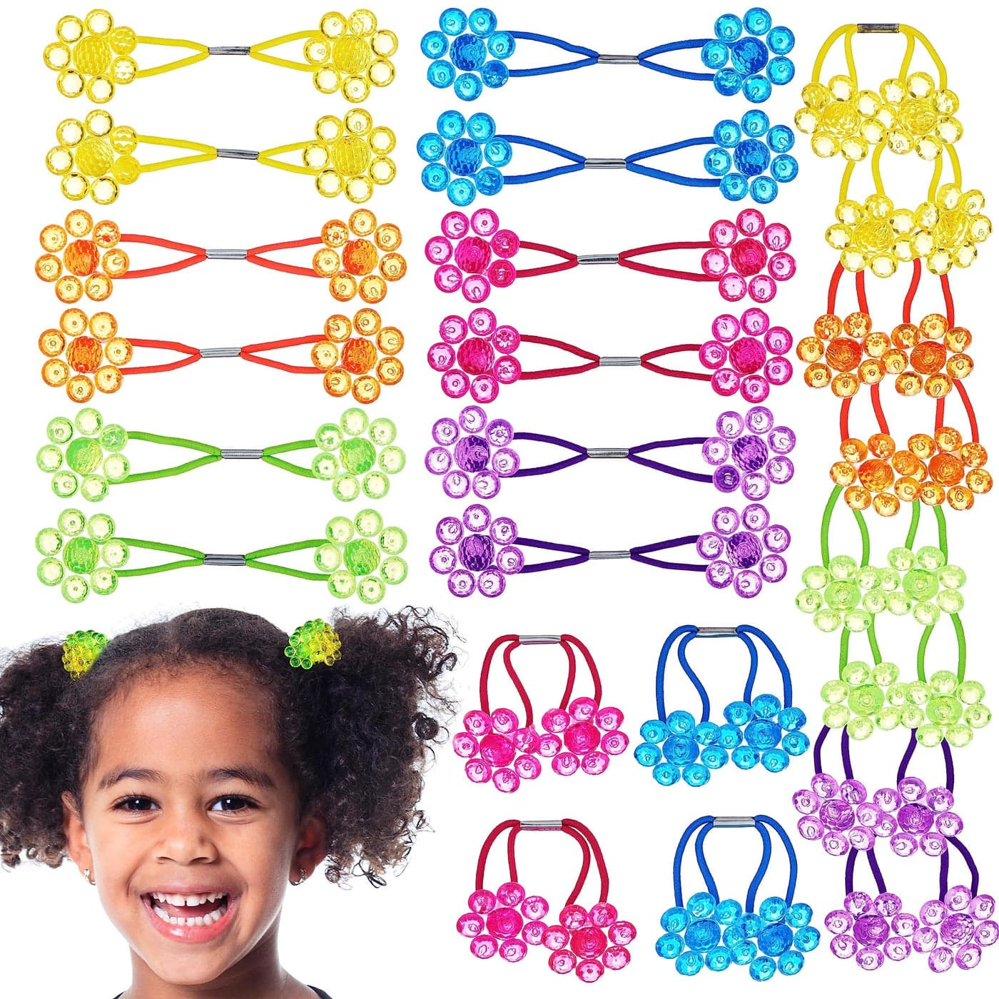 Expressions 24pc Ponytailers Flower Twin Bead Ponytail Hair Elastics Collection - Flower-Shaped Bright Multicolored Twin Hair Beads Bauble Hair Ties Ponytail Holders, Kids Bobble Hair Tie Value Pack