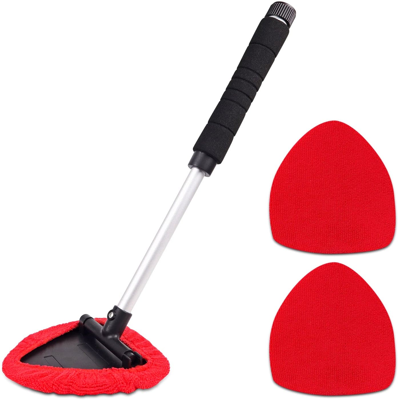 TAKAVU Windshield Window Cleaner Tool Extendable LongReach Handle Unique Pivoting Triangular Head 3 Washable Reusable Microfiber Bonnets Car Home Inside Interior Exterior Use Lint Free Red
